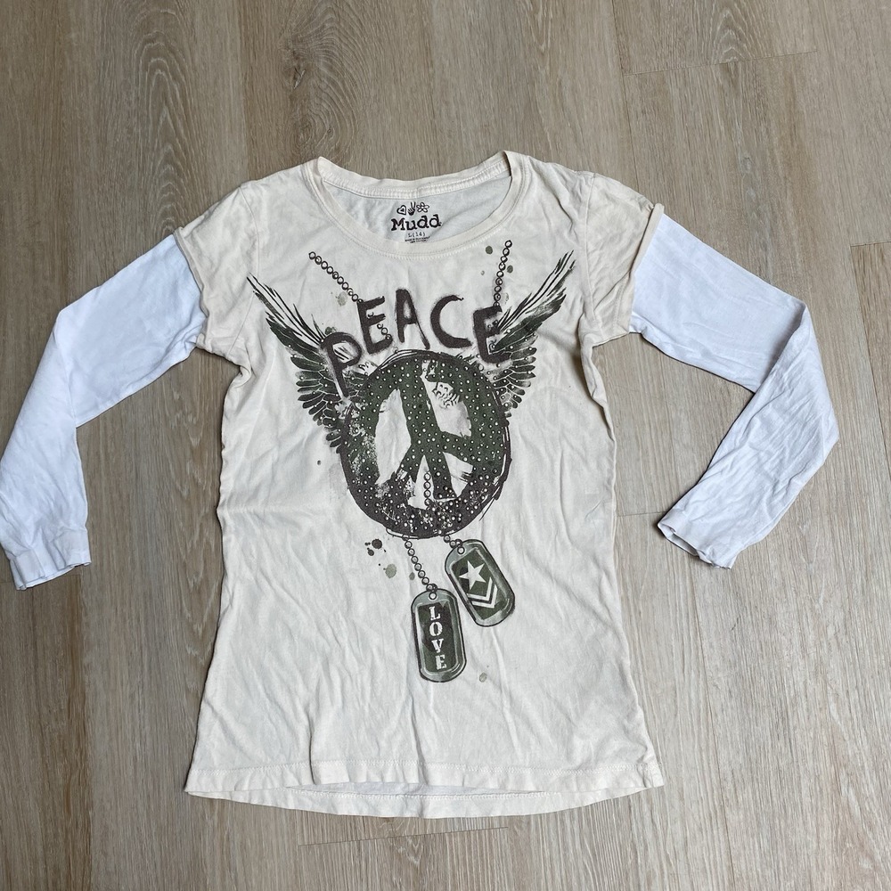 Y2k Vintage Mudd Peace Love Sign Graphic Layered Tee Girls L 14 Cream White Top